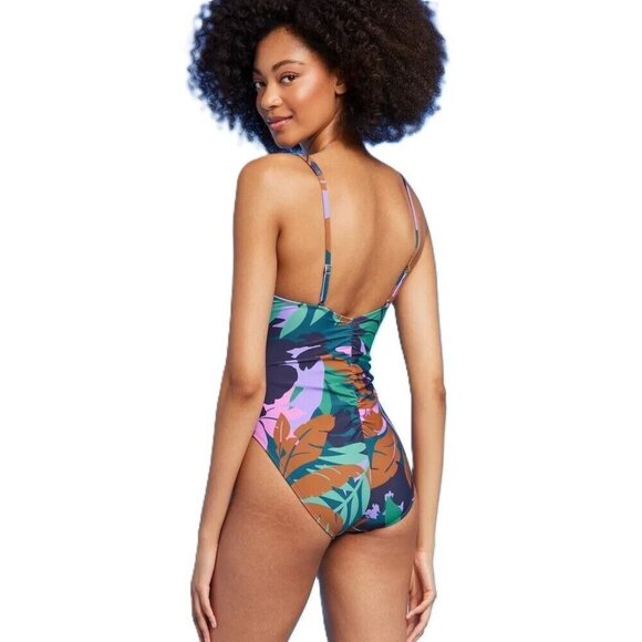 Shade & Shore Tropical Floral Shirred & Plunge 1 Pc Swimsuit - Picture 2 of 5